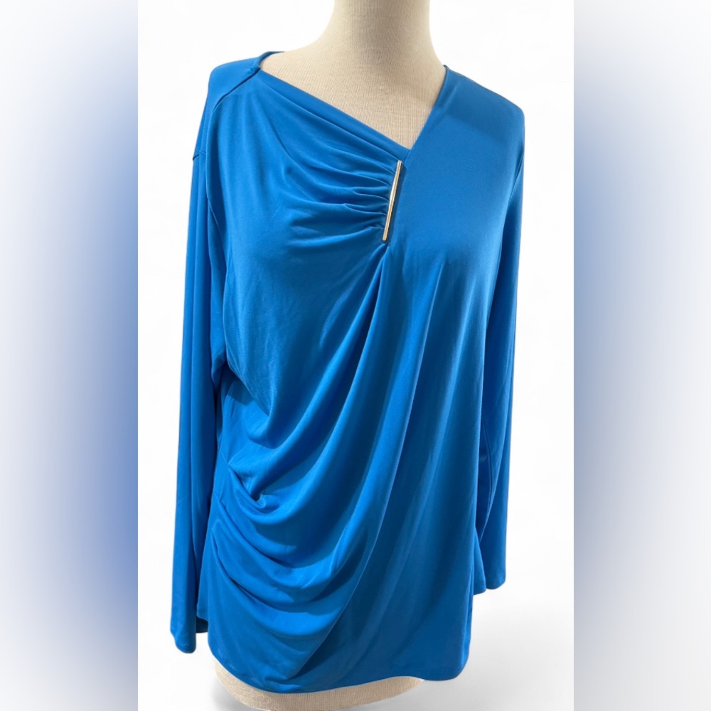 Liz Claiborne Blue Ruched Blouse Women’s XL Long Sleeve Gold Tone Bar Detail Top